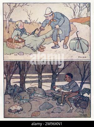 Comptine Rhymes -- deux illustrations. Ci-dessus -- il y avait une vieille femme, comme je l'ai entendu dire, elle est allée commercialiser ses oeufs pour vendre; elle est allée sur le marché tous les jours, et elle s'est endormie sur la King's Highway. Il est venu par un pédalier dont le nom était Stout, il a coupé ses jupons tout autour; il a coupé ses jupons jusqu'à ses genoux, ce qui a fait la petite vieille femme à donner et à geler. Ci-dessous -- un chariot dessiné par la souris. Banque D'Images