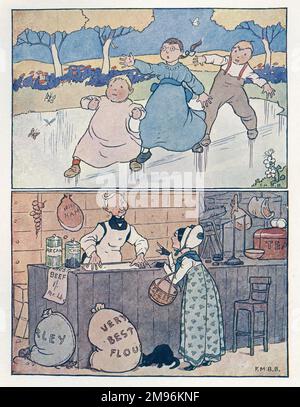 Comptine Rhymes -- deux illustrations. Au-dessus -- trois enfants glissent sur la glace. Au-dessous -- une dame au comptoir du épicier. Banque D'Images