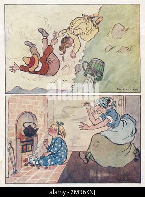 Comptine Rhymes -- deux illustrations. Au-dessus -- Jack et Jill descendant la colline. Ci-dessous -- Little Polly Flinders assis parmi les caders. Banque D'Images