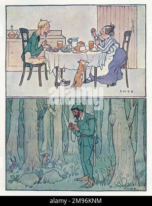 Comptine Rhymes -- deux illustrations. Ci-dessus -- Jack sprat ne pouvait pas manger de gras, sa femme ne pouvait pas manger maigre. Ci-dessous -- un homme dans une forêt dans un costume vert. Banque D'Images