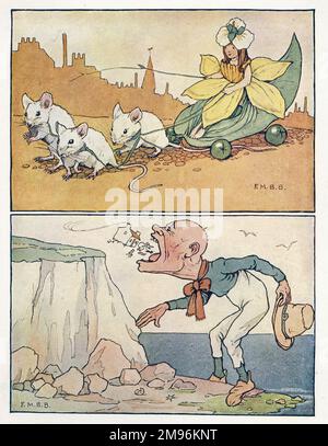 Comptine Rhymes -- deux illustrations. Ci-dessus -- une dame vêtue comme une jonquille est tirée le long par trois souris blanches. Ci-dessous -- un géant laid se tient sur le rivage de la mer, ouvrant sa bouche pour avaler une maison et tout son contenu. Banque D'Images