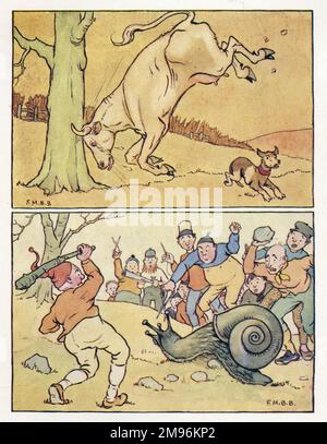 Comptine Rhymes -- deux illustrations. Ci-dessus -- un petit chien s'enrôle alors qu'un taureau s'enrôle dans un arbre. Ci-dessous -- les gens jettent des bâtons et des pierres à un escargot géant (quatre-et-vingt tailleurs sont allés tuer un escargot). Banque D'Images