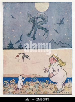 Comptine Rhymes -- deux illustrations. Au-dessus -- un gobelin et des chauves-souris volent sur le ciel de nuit par le clair de lune. Ci-dessous -- un oiseau vole un tuyau d'homme de relief. Banque D'Images