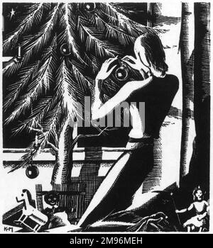 Illustration noire et blanche montrant une femme qui pendait des boules sur un arbre de Noël. Banque D'Images