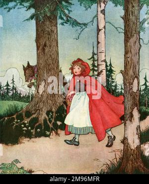 Little Red Riding Hood traverse volontairement les arbres avec un panier de provisions pour grand-mère, ignorant que le gros mauvais loup fait un plan astucieux pour la dévorer et la grand-mère. Banque D'Images