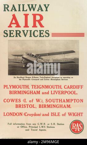 Affiche de Railway Air Services (RAS), desservant Plymouth, Teignmouth, Cardiff, Birmingham et Liverpool, Cowes (île de Wight), Southampton, Bristol et Birmingham, Londres (Croydon) et Isle of Wight. Avec une photo en noir et blanc d'un avion bimoteur de Havilland Dragon 8 places Banque D'Images