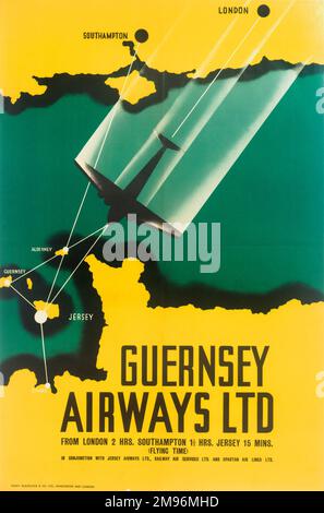 Guernesey Airways Ltd, affiche présentant une carte stylisée des vols entre Londres et Southampton et les îles Anglo-Normandes, et Dinard sur la côte française. Banque D'Images