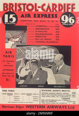 Poster, Norman Edgar Western Airways Ltd, de Bristol à Cardiff Air Express, 15 minutes, 9 shillings et six penny aller simple. Liaisons aériennes de Bristol à Liverpool, Birmingham, Plymouth, Bournemouth, Brighton, Île de Wight et îles Anglo-Normandes. Air taxis -- voyez votre ville depuis les airs. Banque D'Images