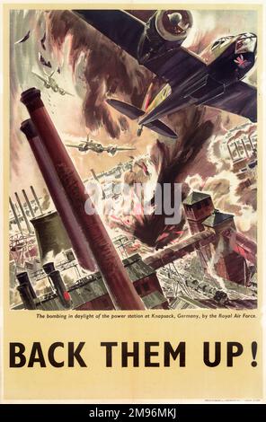 RAF Poster, Back Sem Up!, montrant un RAID de bombardement de la lumière du jour britannique sur la centrale électrique de Knapsach, près de Koln, Allemagne, pendant la Seconde Guerre mondiale. Banque D'Images