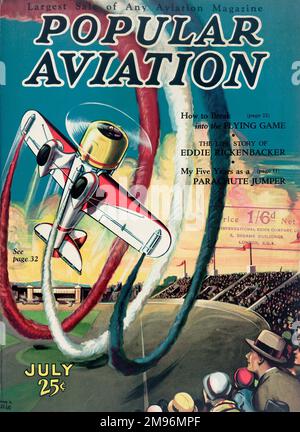 Design de couverture, magazine d'aviation populaire, montrant un avion dans un stade, faisant la boucle et créant un sentier de vapeur rouge, blanc et bleu. Banque D'Images