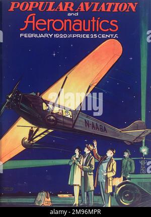 Design de couverture, magazine populaire Aviation and Aeronautics, montrant des gens sur une piste, regardant un avion de passagers décoller. Banque D'Images
