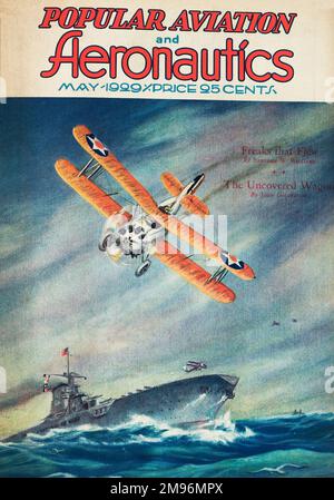 Design de couverture, magazine populaire Aviation and Aeronautics, montrant des biavions volant près d'un cuirassé. Banque D'Images