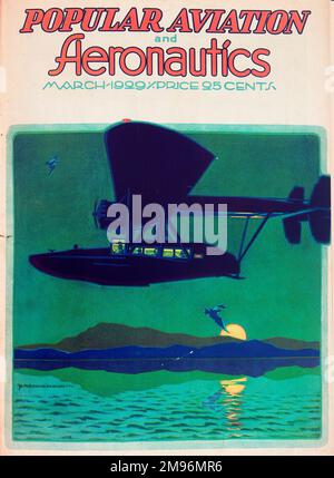 Design de couverture, célèbre magazine Aviation and Aeronautics, montrant un avion passager volant près d'une île au clair de lune. Banque D'Images