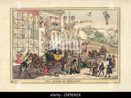 Caricature satirique, la marche de l'intellect, montrant une scène de rue avec des ballons dans le ciel au-dessus. Banque D'Images