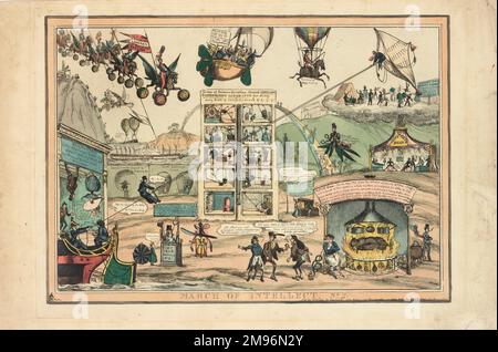 Caricature satirique, mars de l'intellect n° 2, montrant diverses formes de transport, y compris des ballons et d'autres machines volantes. Banque D'Images