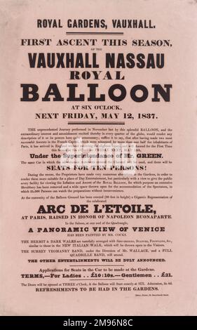 Jardins royaux, Vauxhall, première ascension cette saison du Vauxhall Nassau Royal Balloon, sous la supervision de M. Charles Green, avec des sièges pour dix personnes. Aussi dans le domaine se trouve un Arc de l'Etoile (probablement un modèle de l'Arc de Triomphe), une vue panoramique de Venise, une nouvelle promenade italienne, et deux groupes de musique. Banque D'Images