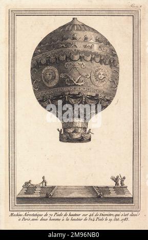 Un grand ballon Montgolfier orné qui monte au-dessus de Paris, avec deux passagers (probablement André Giroud de Villette et Jean-François Pilatre de Rozier). Avec des personnes sur le site de lancement ci-dessous. Banque D'Images