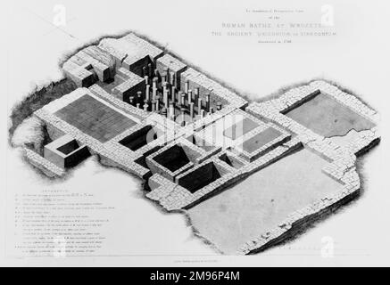 Vue en perspective des thermes romains révélés de Wroxeter (découvert en 1788), site de la ville romaine de Viroconium Cornoviorum. Banque D'Images