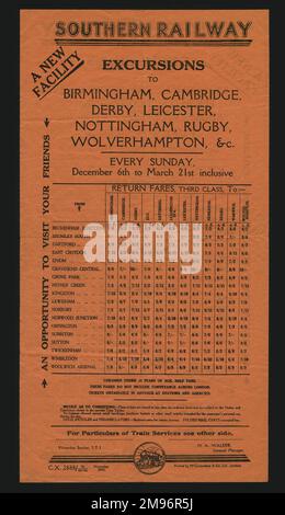 Publicité pour les excursions du Southern Railway à Birmingham, Cambridge, Derby, Leicester, Nottingham, Rugby, Wolverhampton, etc., tous les dimanches de décembre à mars. Avec des détails sur les tarifs aller-retour en troisième classe à partir de différentes stations de banlieue de Londres. (2 sur 2) Banque D'Images