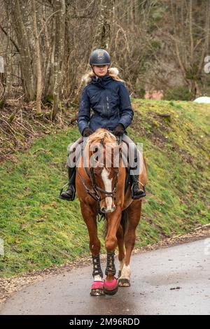 Belle blonde cheveux jeune fille à cheval le long d'une route dans la campagne, verticale Banque D'Images