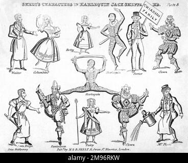 Des personnages classiques de la pantomime - Harlequin, Columbine, Clown et Pantaloon - mélangés avec d'autres - un serveur, Betty, porter, Sam Forge, Fairy et MR Plant - pour former une production d'Harlequin Jack Sheppard. Banque D'Images