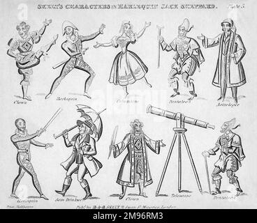 Une variété de personnages pour un pantomime de théâtre de jouet de marionnettes d'Harlequin Jack Sheppard présentant certains des personnages de pantomime classiques adaptés de la commedia dell'arte - Clown, Harlequin, Columbine et Pantaloon, avec un astrologue, Sam Drinkwell et un télescope! Banque D'Images