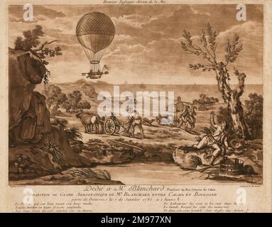 "Dedié a M. Blanchard - apparition du Globe aérostatique de M. Blanchard, entre Calais et Boulogne..." Qui commémore la première traversée aérienne de la Manche entreprise par Jean-Pierre Blanchard et un américain Dr John Jeffries le 7 janvier 1785 en ballon. Banque D'Images