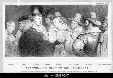 Début du siècle 19th impression des principaux protagonistes de la conspiration pour faire exploser le Parlement en 1605. De gauche, Tesmond, Garnet, T. Percy, Catesby, I. Wright, Guy Fawkes, I. Winter et Sir Everard Digby. Banque D'Images