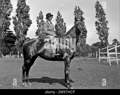 Femme sur un cheval dans un champ. Banque D'Images