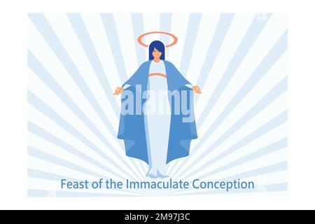 Fête du vecteur Immaculée conception. La Vierge Marie bénie dans le vecteur d'icône du ciel. Sainte Marie et vecteur ciel bleu. Affiche du jour de la conception immaculée Illustration de Vecteur