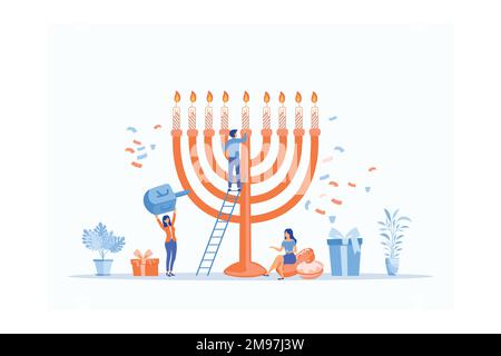 Concept de Hanukkah vacances décoration menorah avec caractère de personnes minuscules heureux, vecteur plat illustration moderne Illustration de Vecteur