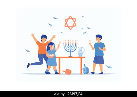 Les enfants célèbrent Hanukkah en allumant des bougies dans la menorah, en mangeant des beignets et en jouant avec des rêvels, illustration moderne à vecteur plat Illustration de Vecteur