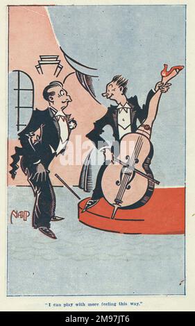 Caricature dans le rire de l'année -- Je peux jouer avec plus de sentiment de cette façon. Un homme dans une boîte de nuit joue une double basse conçue avec une jambe déformée de femme à la place de la traditionnelle touche en bois. Banque D'Images