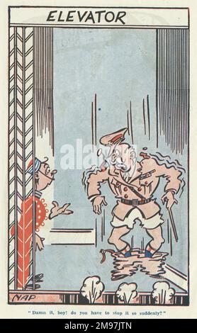 Caricature dans le rire de l'année -- Damn il, garçon! devez-vous l'arrêter si soudainement ? Un pantalon d'officier de l'armée tombe lorsque l'ascenseur atteint sa destination. Banque D'Images