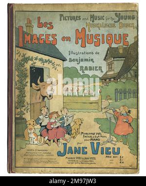 Couverture design, les Images en musique, avec des illustrations de Benjamin Rabier et Easy pièces pour piano de Jane Vieu. Représentant des enfants et des animaux qui chantent dans une ferme. Banque D'Images