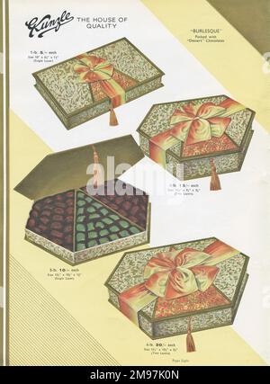 Page d'un catalogue, Kunzle Chocolate List, montrant le style Burlesque de boîte de présentation de luxe dans différentes formes et tailles. Banque D'Images