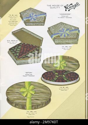 Page d'un catalogue, Kunzle Chocolate List, montrant le style Greenwood et Sefton des boîtes de présentation de luxe dans différentes formes et tailles. Banque D'Images