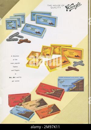 Page d'un catalogue, Kunzle Chocolate List, montrant une sélection des tablettes (barres) et des doigts de chocolat les plus populaires dans différents designs, formes et tailles d'emballage. Banque D'Images