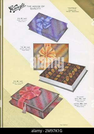 Page d'un catalogue, Kunzle Chocolate List, montrant le style de Mayfield des boîtes de présentation de luxe dans différentes formes et tailles. Banque D'Images