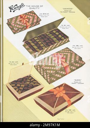 Page d'un catalogue, Kunzle Chocolate List, montrant le style Oakwood et Ruskin des boîtes de présentation de luxe dans différentes tailles. Banque D'Images