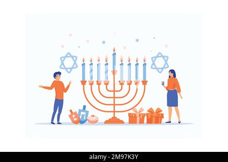 Bonne Hanoukkah. Vacances juives traditionnelles avec de minuscules personnages et symboles - bougies de menorah, illustration moderne à vecteur plat Illustration de Vecteur