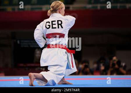 5 AOÛT 2021 - TOKYO, JAPON: Jasmine Jüttner, d'Allemagne, participe au cycle d'élimination des Kata des femmes aux Jeux Olympiques de Tokyo 2020 (photo de Mickael Chavet/RX) Banque D'Images