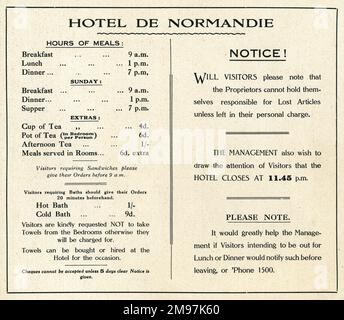 Carte d'information pour l'Hôtel de Normandie, qui peut être ou non en Normandie, dans le nord de la France. Banque D'Images