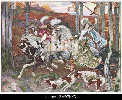 Scène de chasse médiévale - un homme et une femme à cheval, avec des oiseaux de proie et des chiens. Banque D'Images