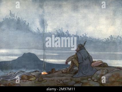Illustration d'Une chanson des Anglais, un ensemble patriotique de poèmes de Rudyard Kipling (publié pour la première fois dans le magazine illustré anglais). Suivre après -- suivre après -- pour la récolte est semée: Par les os sur le côté de la voie, vous devez venir à votre propre! Représentant deux hommes par un feu de camp avec une armée fantomatique passant par. Un homme regarde l'apparition, l'autre est endormi ou mort. Banque D'Images