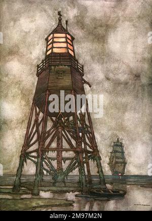 Illustration d'Une chanson des Anglais, un ensemble patriotique de poèmes de Rudyard Kipling (publié pour la première fois dans le magazine illustré anglais). Les lumières côtières de l'Angleterre, représentant un phare rouillé et recouvert d'algues avec un voilier approchant. Banque D'Images