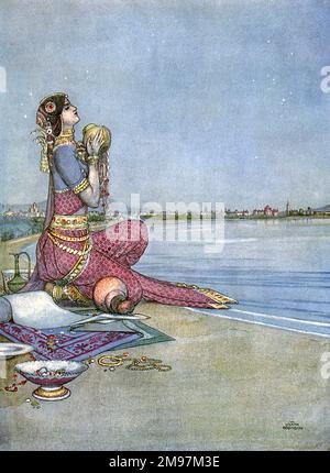 Illustration d'Une chanson des Anglais, un ensemble patriotique de poèmes de Rudyard Kipling (publié pour la première fois dans le magazine illustré anglais). Bombay -- Royal et Dower-Royal, I la Reine. Représentant une femme indienne représentant la ville de Bombay, pleine de richesses (un commentaire sur les intérêts britanniques en Inde). Banque D'Images