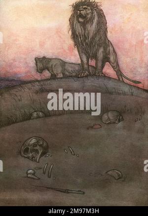 Illustration d'Une chanson des Anglais, un ensemble patriotique de poèmes de Rudyard Kipling (publié pour la première fois dans le magazine illustré anglais). Sur la dérive de sable -- sur le côté de Veldt, représentant des os humains avec deux lions (une référence aux intérêts et événements britanniques en Afrique du Sud). Banque D'Images