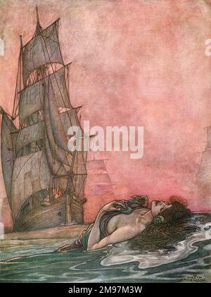 Illustration d'Une chanson des Anglais, un ensemble patriotique de poèmes de Rudyard Kipling (publié pour la première fois dans le magazine illustré anglais). Elle nous appelle, encore non nourris, représentant un voilier sur la mer, avec une figure féminine allégorique flottant au premier plan, en référence aux nombreux marins anglais perdus en mer pendant des centaines d'années. Banque D'Images