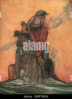 Illustration d'Une chanson des Anglais, un ensemble patriotique de poèmes de Rudyard Kipling (publié pour la première fois dans le magazine illustré anglais). Mon bras n'est rien faible, ma force n'est pas passée. Représentant une figure féminine allégorique et un bébé assis sur un rocher dans la mer, représentant l'Empire britannique. Banque D'Images